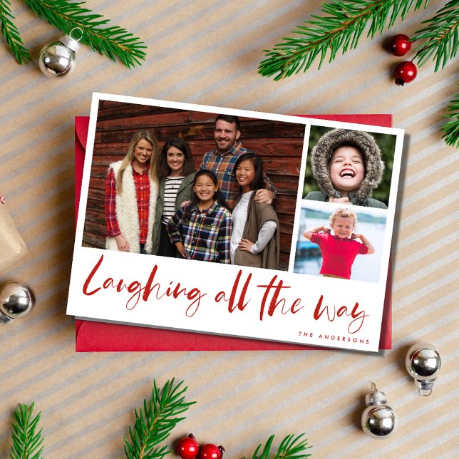 Laddar hela familjens fotobetalkort julkort (Laughing All the Way Modern Photo Plaid Christmas Holiday Card)