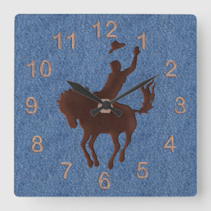 Läder Cowboy and Horse på Denim Fyrkantig Klocka