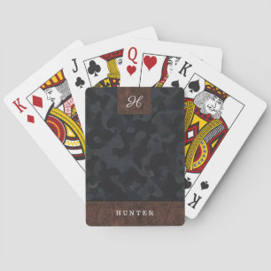 Läder och Grått-kamouflage Mönster Namn & Monogram Casinokort