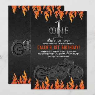 Läder & Orange Flames Motorcykel 1 1års Födelsedag Inbjudningar
