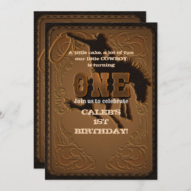 Läder Western Wild West Cowboy FÖDELSEDAG 1:a Inbjudningar (Fram/baksida)