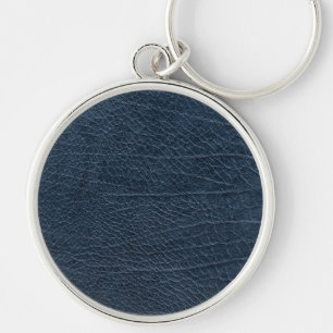 Läderblått Tartan Fabric Crokodile Skin Rund Silverfärgad Nyckelring
