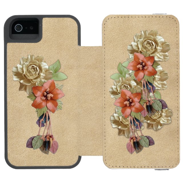 Läderblommor på Cream Suede Incipio iPhone Wallet Skal (Folio Öppen)
