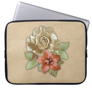 Läderblommor på Cream Suede Laptop Fodral