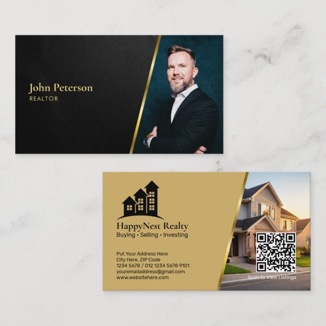 Läderstruktur Fastighetsfoto & QR-kod Svart Visitkort (Fram/baksida)