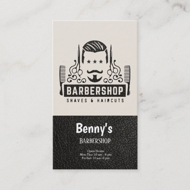 Läderutseende i barberaffär visitkort (Framsida)