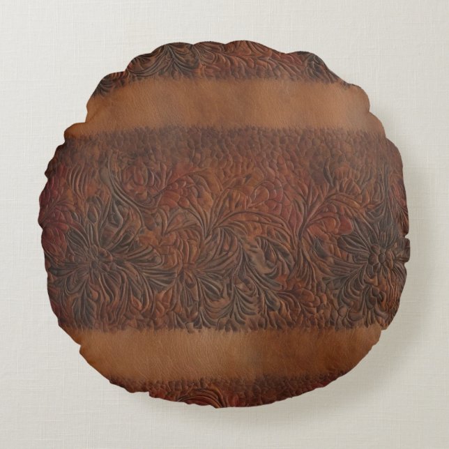 Läderutsikt i inbyggd Blommigt Rund Kudde (Framsidan)