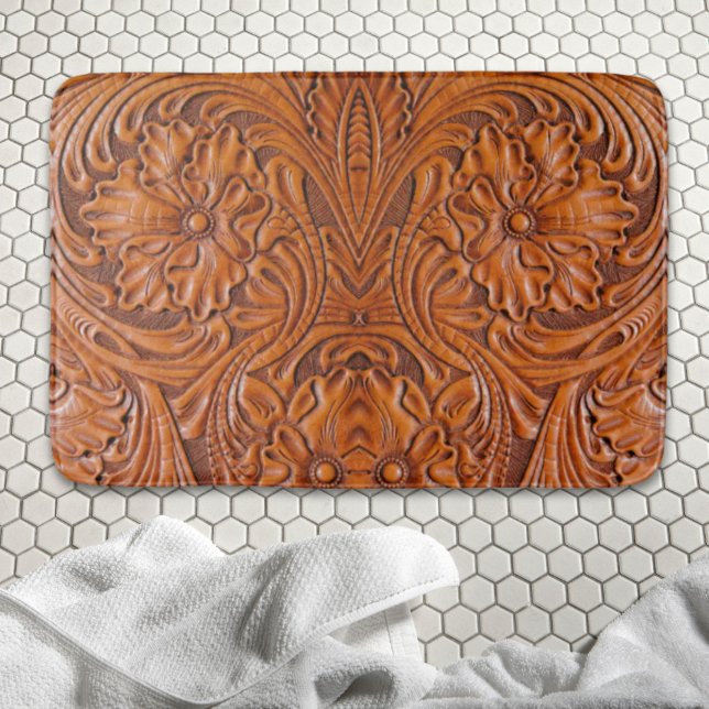 Läderutskrift i westerna land, Cowboy Rustic Badrumsmatta (Cowboy Rustic western country tooled leather print Bath Mat)