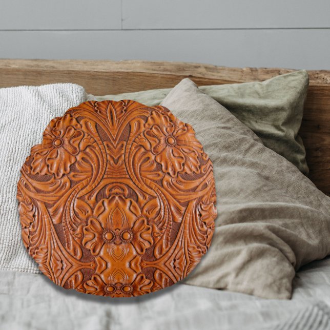 Läderutskrift i westerna land, Cowboy Rustic Rund Kudde (Cowboy Rustic western country tooled leather print Round Pillow)