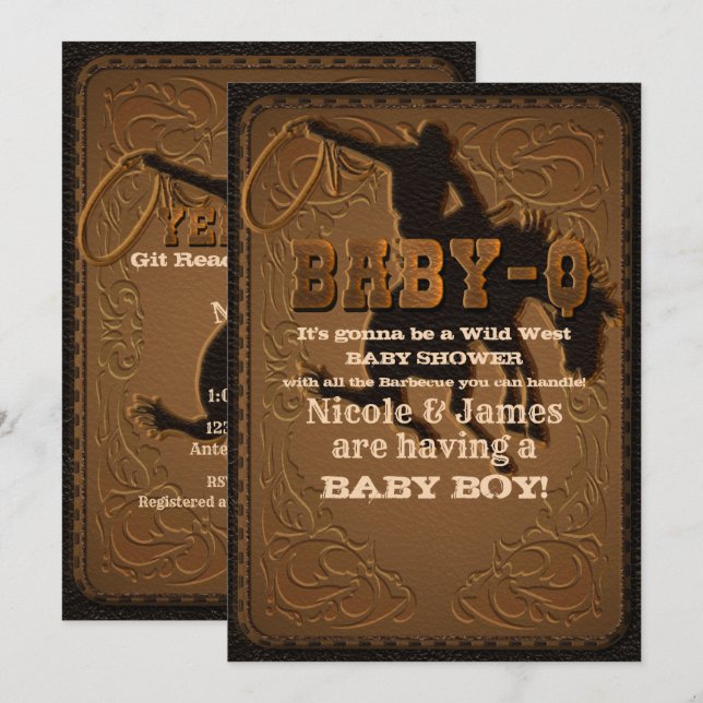 Lädervästern Wild West Cowboy BABY-Q DUSCH BBQ Inbjudningar (Fram/baksida)