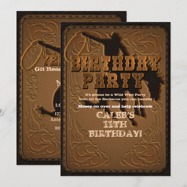 Lädervästern Wild West Cowboy Födelsedagsfest Inbjudningar (Fram/baksida)