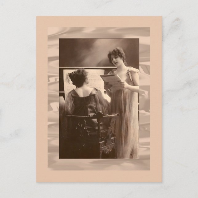 Ladies at piano and singing  Victorian Vykort (Framsida)