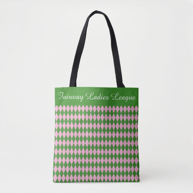 Ladies Golf League Tote Bag – Pink & Green Argyle  Tygkasse (Framsida)