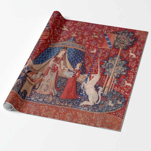 Lady and Unicorn Medieval Tapestry Desire Presentpapper (Utrullad)