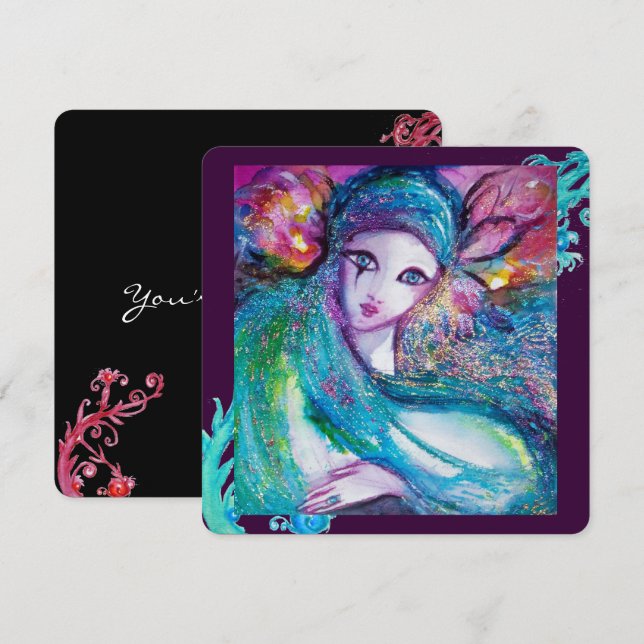 LADY BLUE MASK Elegant Maskerad Fest, Grönblå Svar Inbjudningar (Fram/baksida)