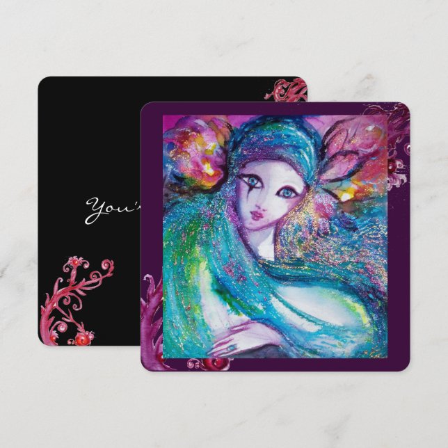 LADY BLUE MASK Elegant Maskeradfest, Grönblå Svart Inbjudningar (Fram/baksida)