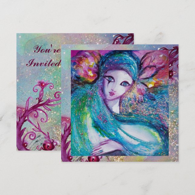 LADY BLUE MASK Elegant Masquerade Bröllopskväll Inbjudningar (Fram/baksida)