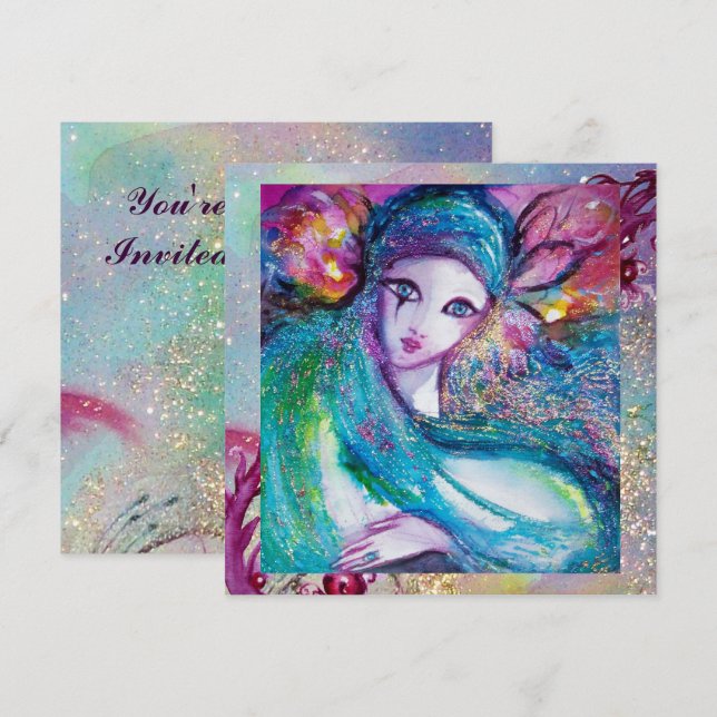 LADY BLUE MASK Elegant venetiansk maskeradfest Inbjudningar (Fram/baksida)
