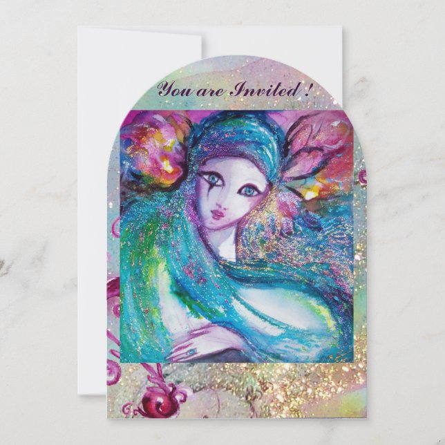 LADY BLUE MASK Maskeradfest Blommönster Virvlar Inbjudningar (Framsida)