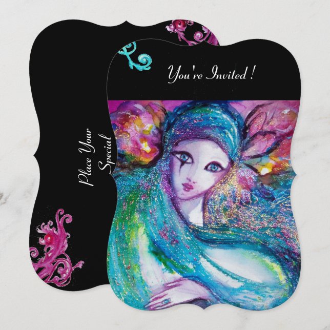 LADY BLUE MASK Maskeradfest, Röd Svart Blommig Inbjudningar (Fram/baksida)