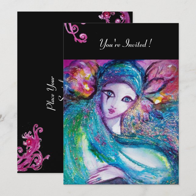 LADY BLUE MASK Maskeradfest Röd Virvlar Svart Inbjudningar (Fram/baksida)