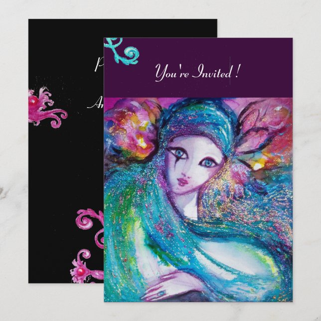 LADY BLUE MASK Maskeradfest, Rosa Teal Svart Inbjudningar (Fram/baksida)