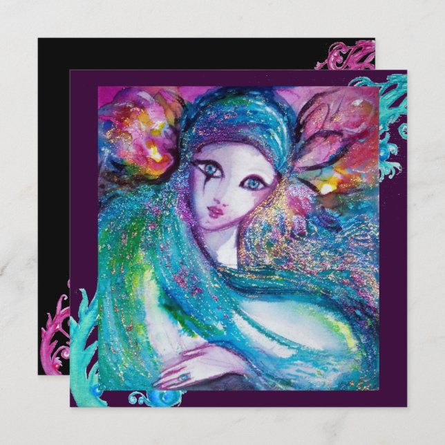 LADY BLUE MASK Maskeradfest, Turkos Svart Lila Inbjudningar (Fram/baksida)