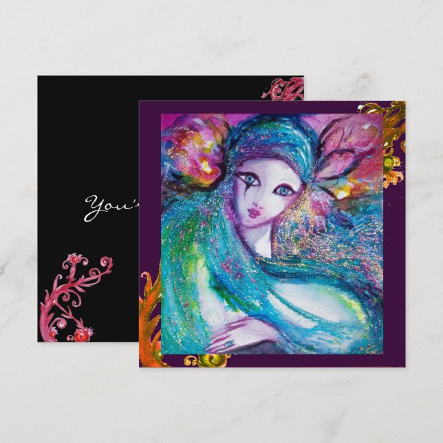 LADY BLUE MASK Röd Gula Virvlar Maskerad Fest Inbjudningar (Fram/baksida)