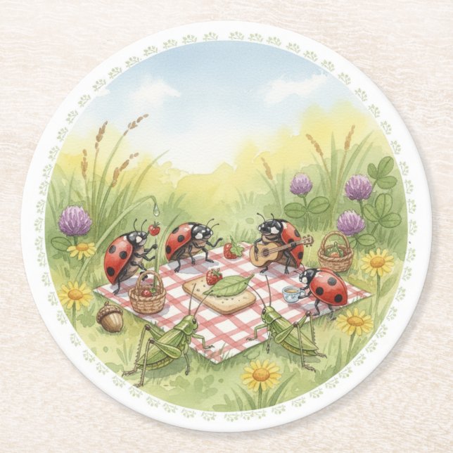 Lady bug cricket spring garden party coasters underlägg papper rund (Framsidan)