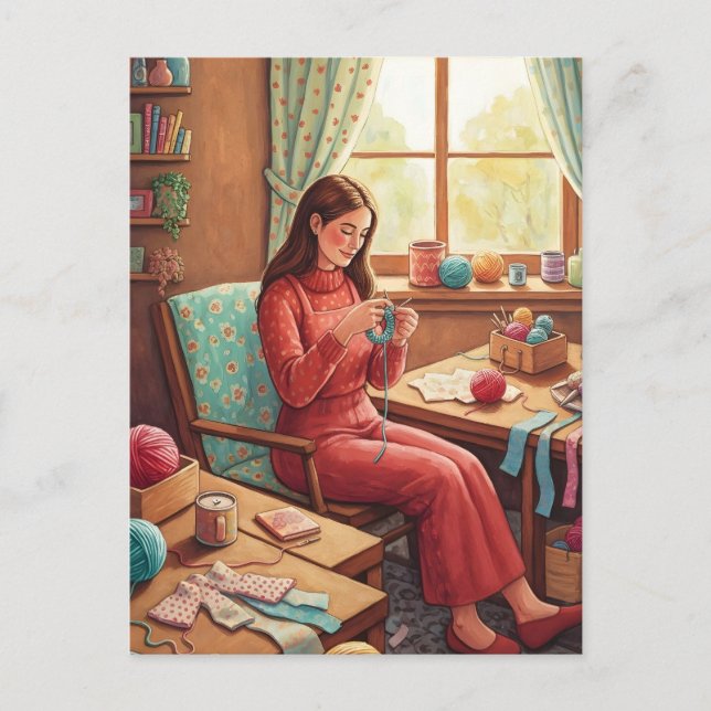 Lady Crocheting  in Her Cozy Craftting Room  Vykort (Framsida)