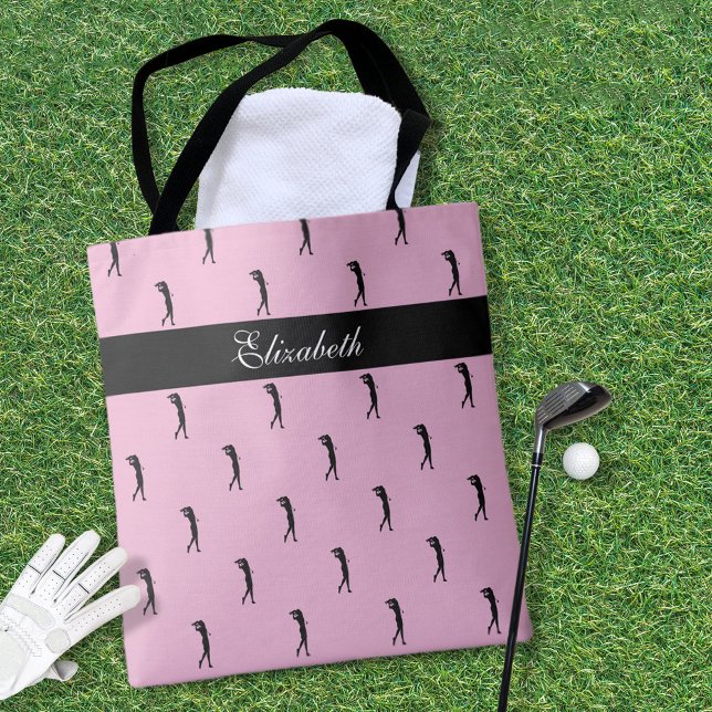 Lady Golfer anpassat namn Mönster Rosa Svart Tygkasse (Lady Golfer Customized Name Pattern Pink Black Tote Bag)