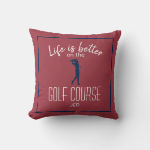 Lady Golfer Golfbana Citat Röd Monogram Blå Kudde