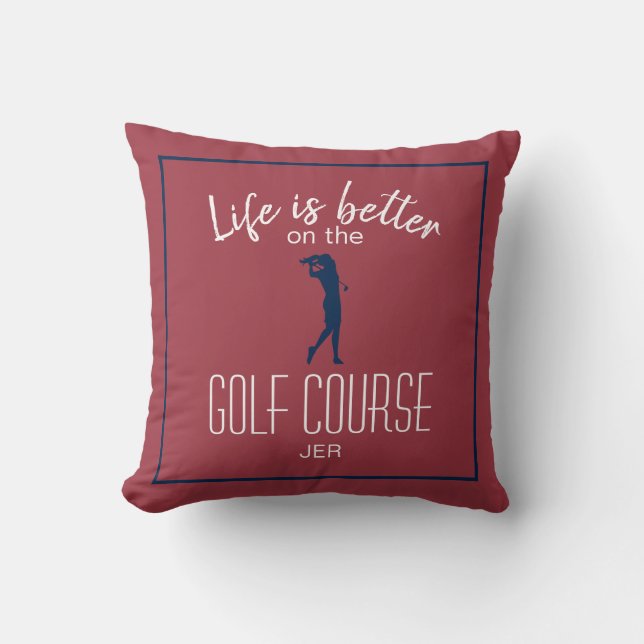 Lady Golfer Golfbana Citat Röd Monogram Blå Kudde (Framsida)