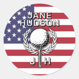 Lady Golfer Patriotisk Monogram Design Runt Klistermärke