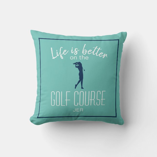 Lady Golfer Teal Golfbana Citat Monogram Kudde (Framsida)