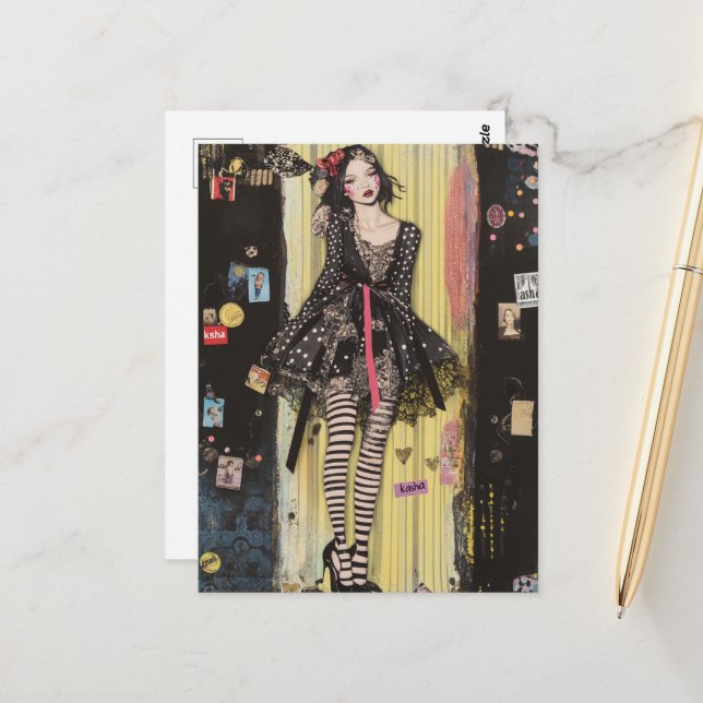 Lady in Black and White Fashion Collage Vykort (Fram/Back In Situ)