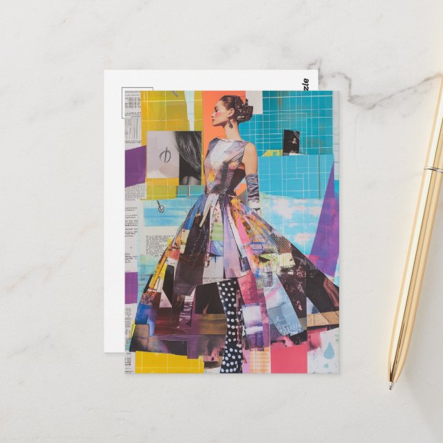 Lady in Fashion Mixed Media Collage Vykort (Fram/Back In Situ)