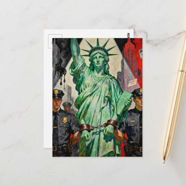 Lady Liberty som protesterar arresterad av polis ä Vykort (Fram/Back In Situ)