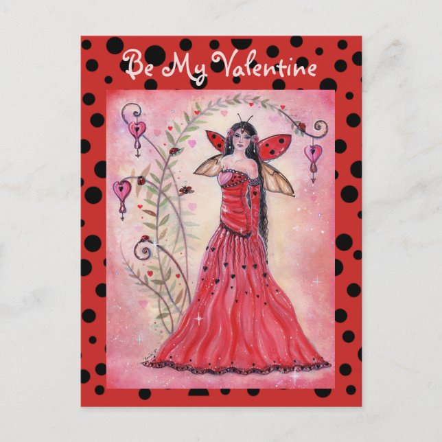Lady love bug valentine fairy postcard by Renee Helg Vykort (Framsida)