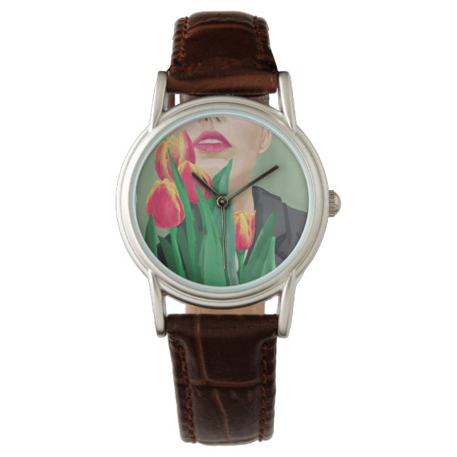 Lady med tulip Green & Orange Modern Graphic Armbandsur (Framsida)