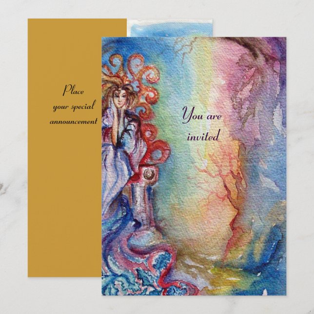 LADY OF LAKE , livlig klar blå rosa gul Inbjudningar (Fram/baksida)