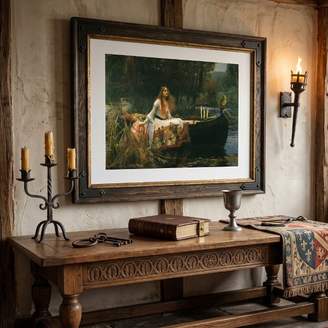 Lady of Shalott på båt av John William Waterhouse Poster (The Lady of Shalott by JW Waterhouse is a  Pre-Raphaelite painting with the lady going to Camelot.)