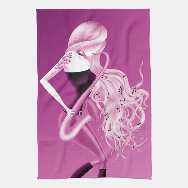 Lady Saxophonist Pink Tea Towel Kökshandduk (Vertikal)