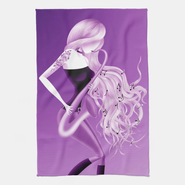 Lady Saxophonist Purple Tea Towel Kökshandduk (Vertikal)