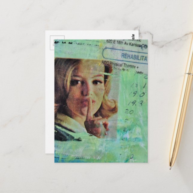 Lady says quiet Mixed Media Collage Vykort (Fram/Back In Situ)