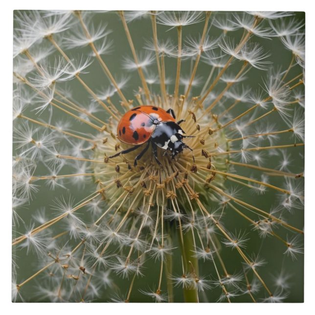 Ladybird på dandelionklockan. Makrofotografi Kakelplatta (Framsidan)