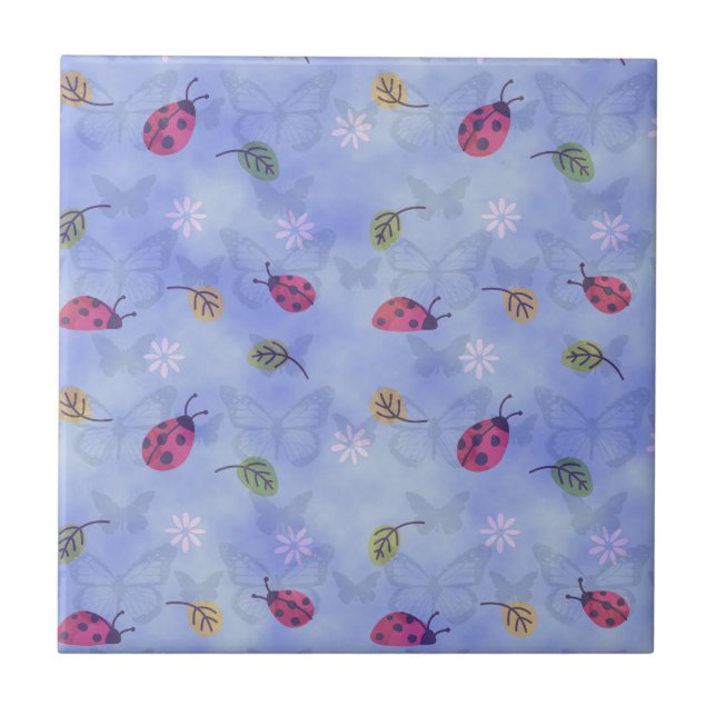 Ladybirds and Falling Leaves Blue Pattern Kakelplatta (Framsidan)