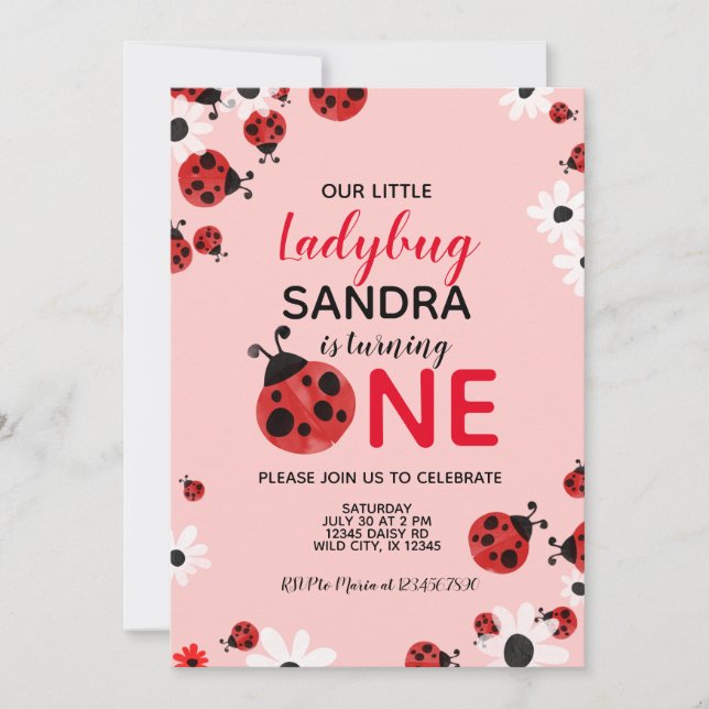 Ladybug 1:a Flicka-födelsedagsinbjudan Inbjudningar (Framsida)