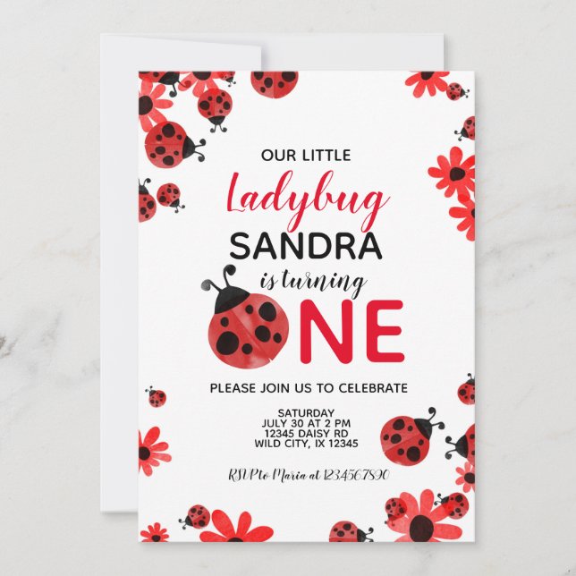 Ladybug 1:a Flicka-födelsedagsinbjudan Inbjudningar (Framsida)