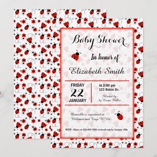 Ladybug Baby Shower eller Födelsedagsfest inbjudan (Fram/baksida)